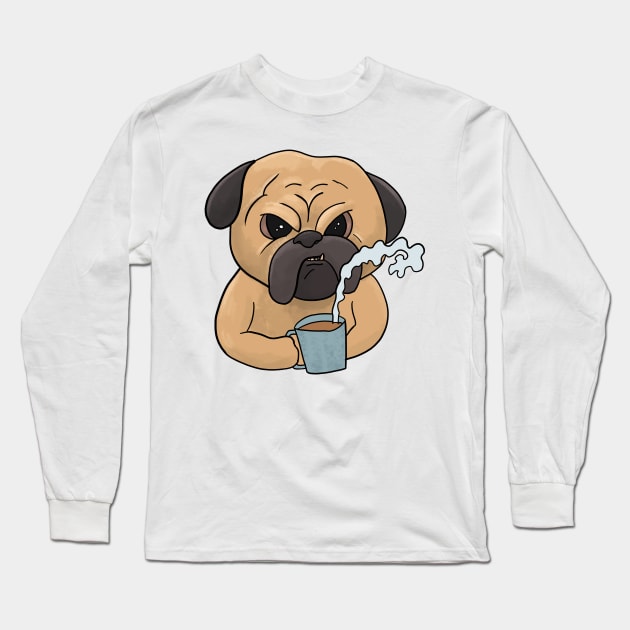 Grumpy Pug Dog with Coffee Morning Grouch Long Sleeve T-Shirt by Mesyo
